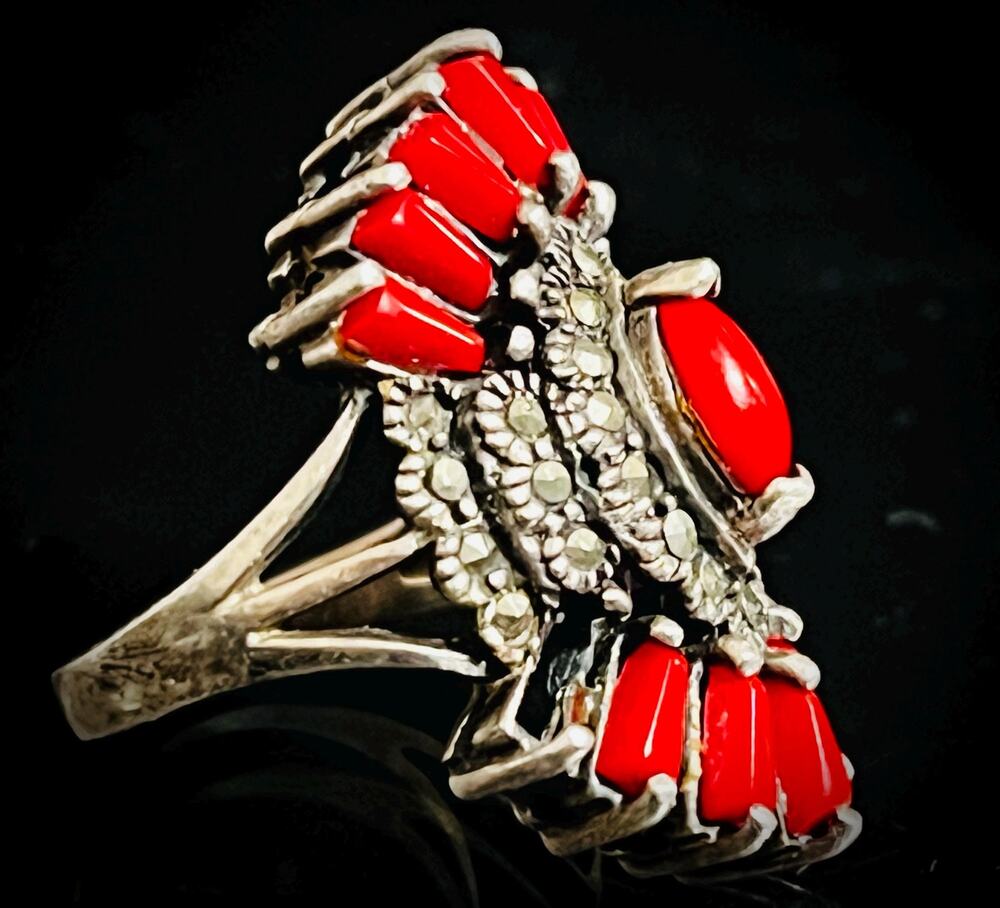 Vintage Red Coral & Marcasite Cocktail Sterling Silver Sunburst Ring – Size 5.5